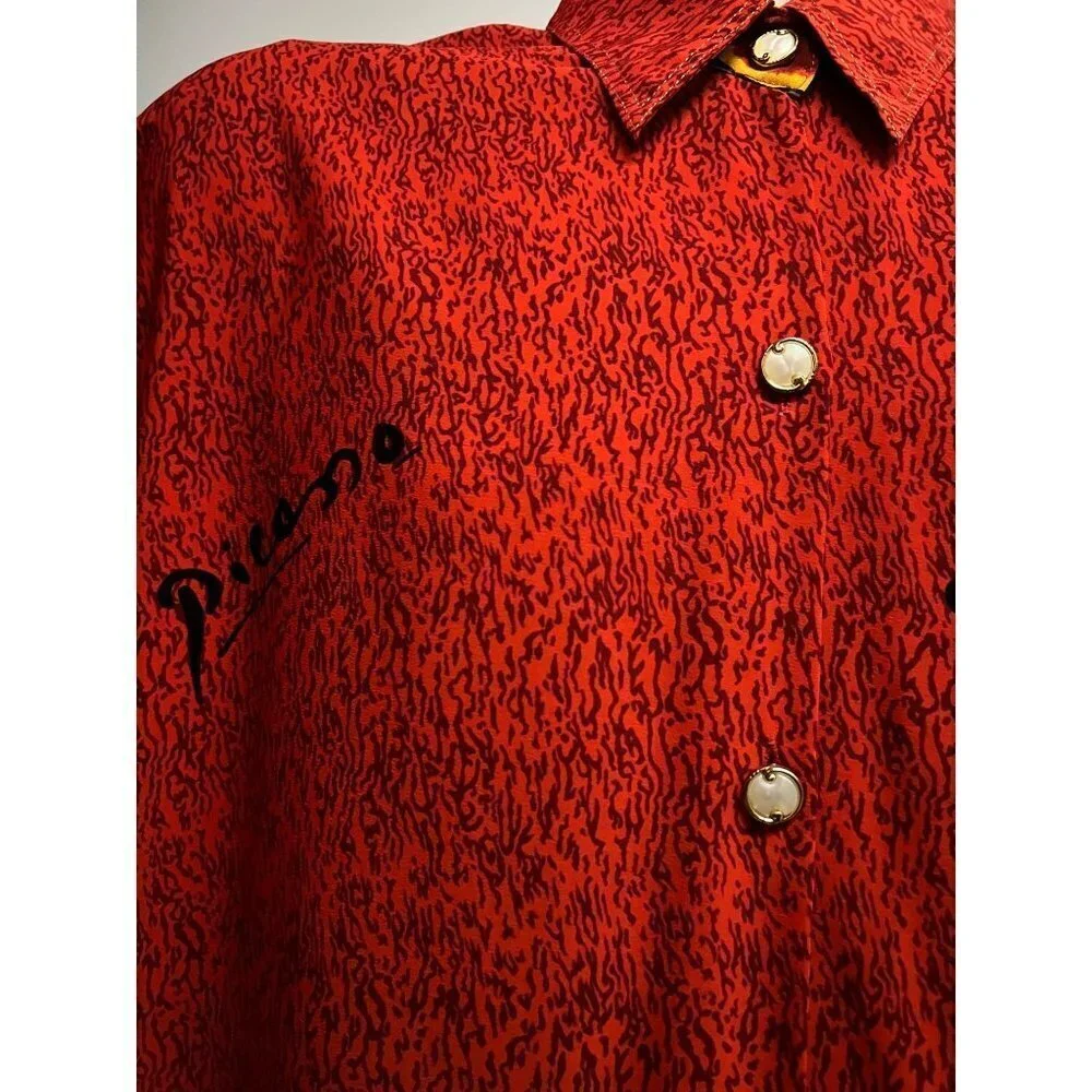Pablo Picasso Vintage 80s Pop Art Print Red Button Front Camp Shirt XL Pocket